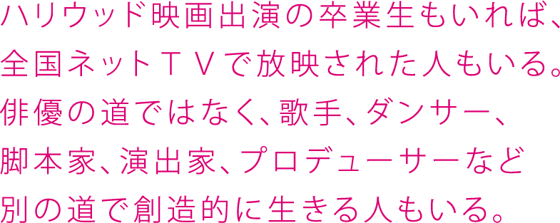 ハリウッド映画出演の卒業生もいれば、全国ネットＴＶで放映された人もいる。俳優の道ではなく、歌手、ダンサー、脚本家、演出家、プロデューサーなど別の道で創造的に生きる人もいる。